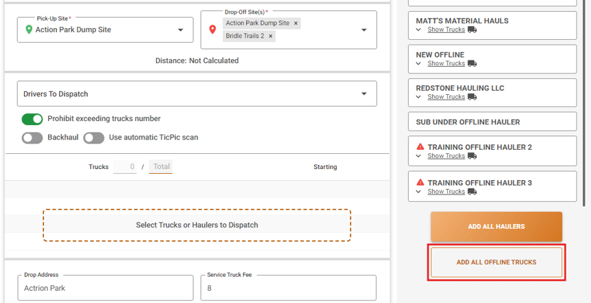 Bulk dispatch for offline hauler trucks