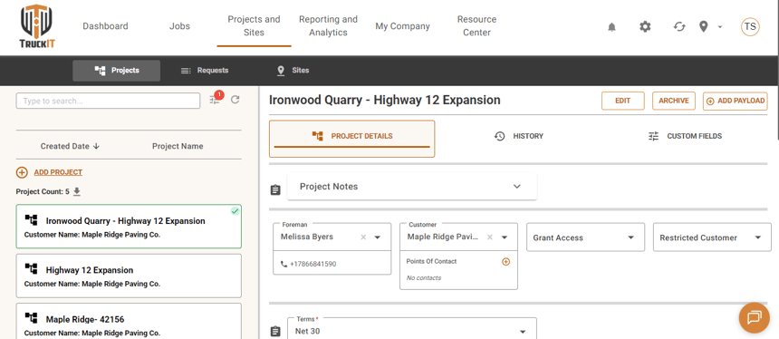 Projects and Sites page with Add Payload button