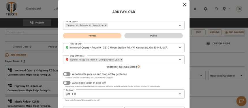 Add Payload window with truck types, pick-up site, drop-off site, and payload fields