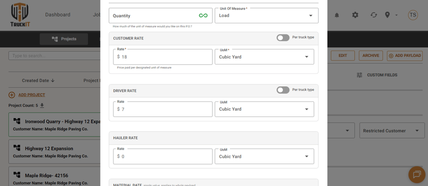 Quantity, unit of measure, customer rate, driver rate, and hauler rate fields