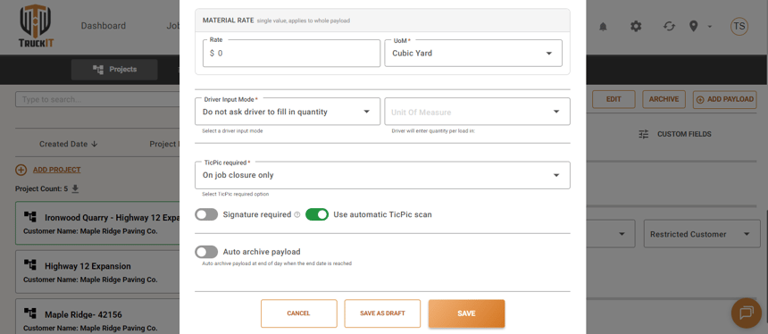 Material rate, driver input mode, TicPic required, and save options