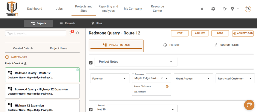 Project Details screen showing the Foreman, Customer, Grant Access, and Restricted Customer fields
