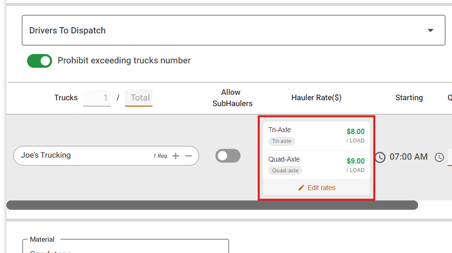 Hauler Rate Unit of Measure on the Job Form