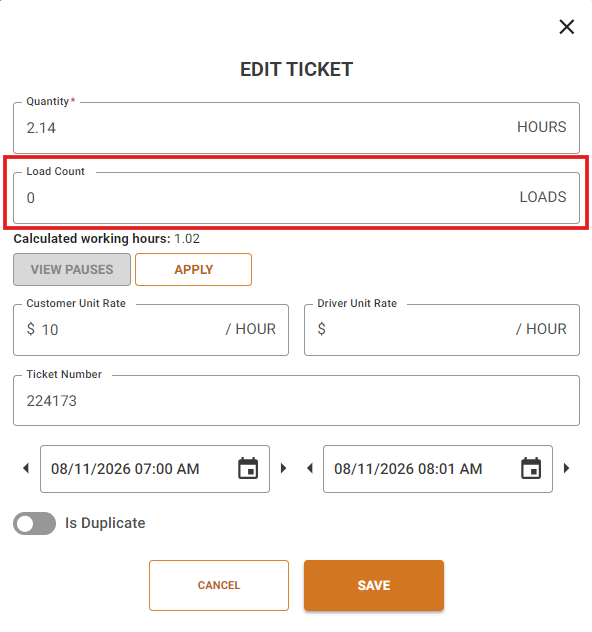 Edit hourly-per-day ticket without loads