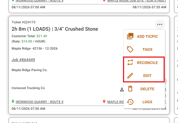 Edit and reconcile hourly-per-day tickets without loads
